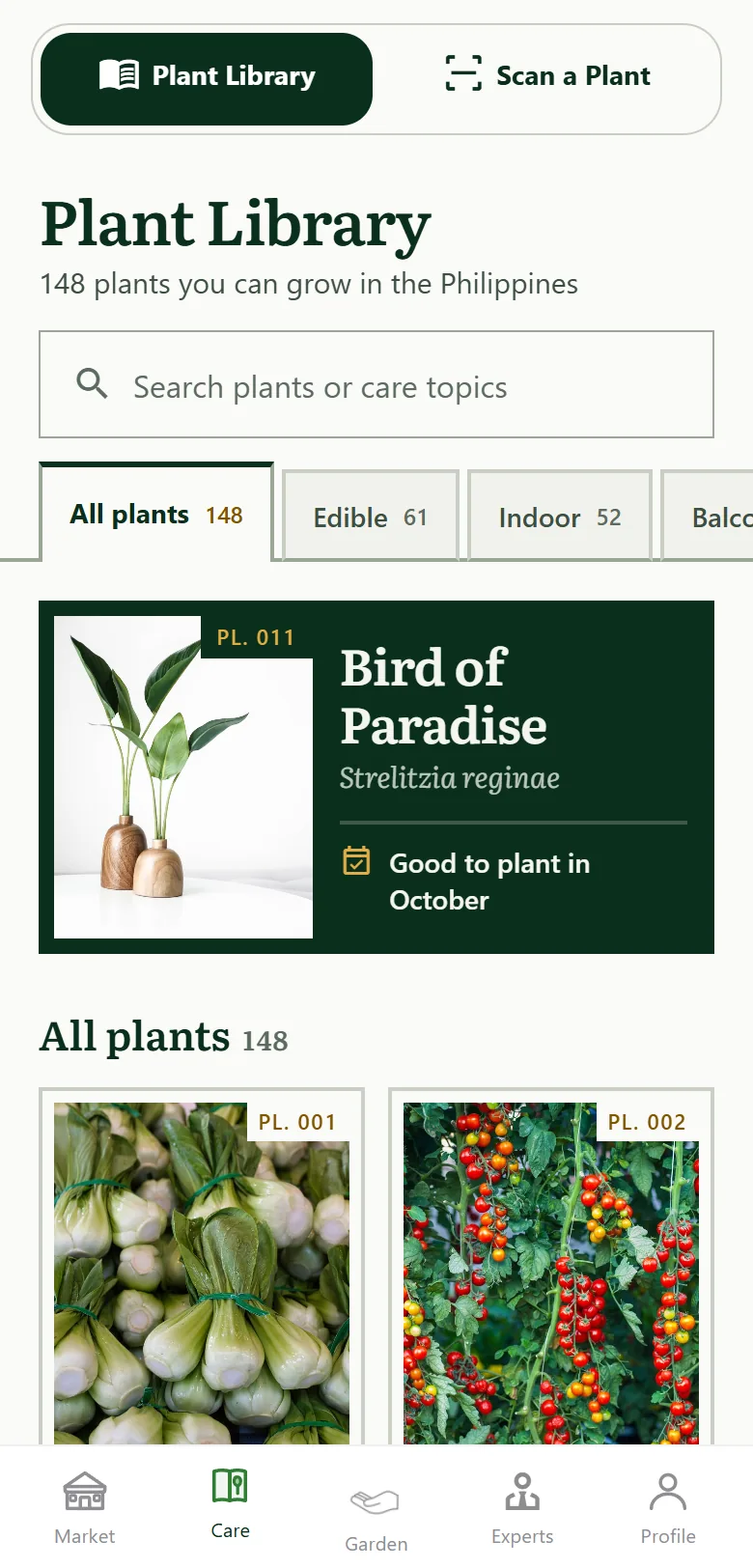 Plant Library screen